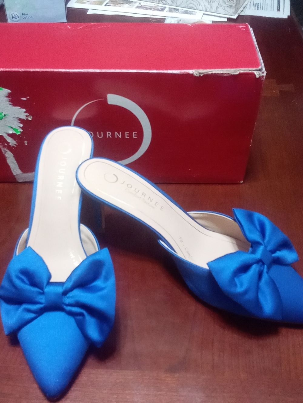 Journee Collection Blue Bow Pointed-Toe Mules 9 1/2 W Wide New In Box $93